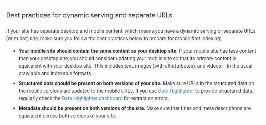 Best practices mobile first indexing